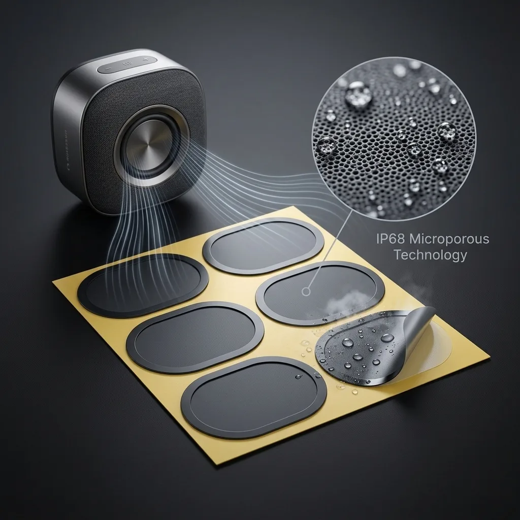 FSM-200B IP68 EPTFE Sound Permeable Vent Membrane Waterproof Breathable Acoustic Film Adhesive for TWS and Portable Speakers