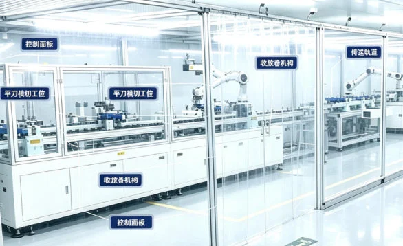 Flatbed die-cut line behind a clear curtain