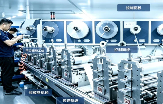 Close view of a rotary die-cut line and material rolls