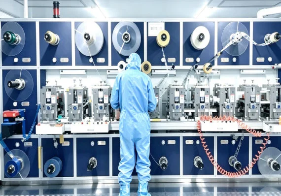 Operator at a multi-station rotary die cutter with material rolls